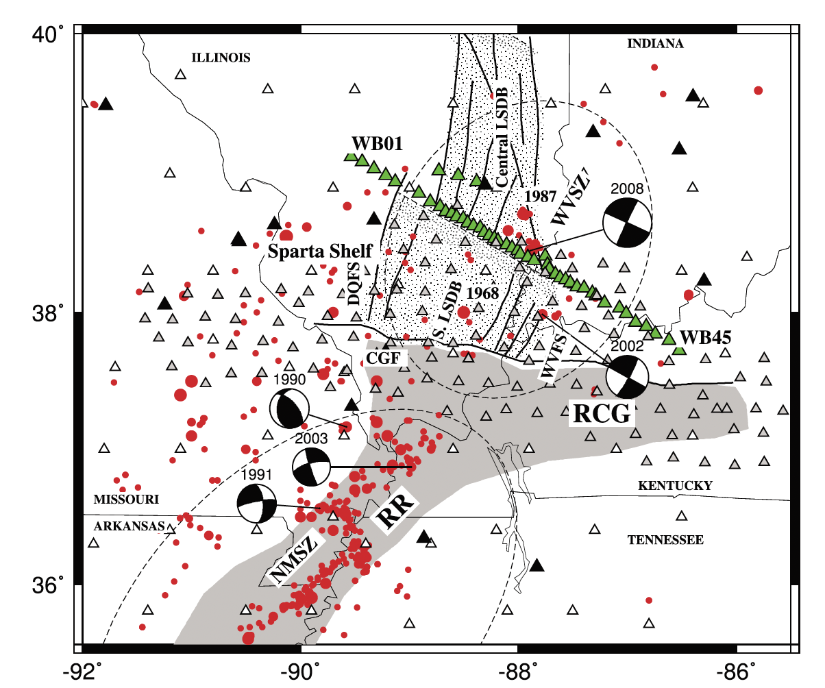 Wabash Valley Seismic Zone map with array